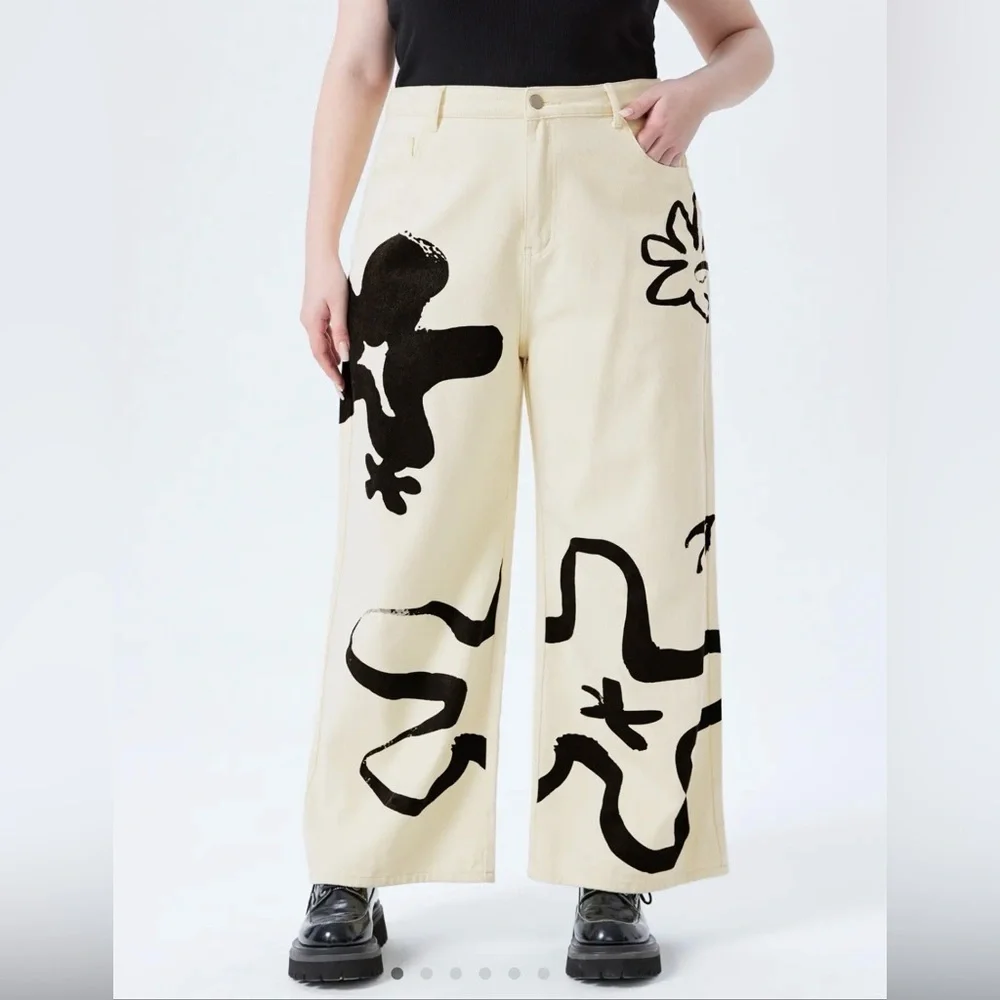 NWT | Cider | Artistic Wide-Leg Jeans with Black Floral Abstract Design